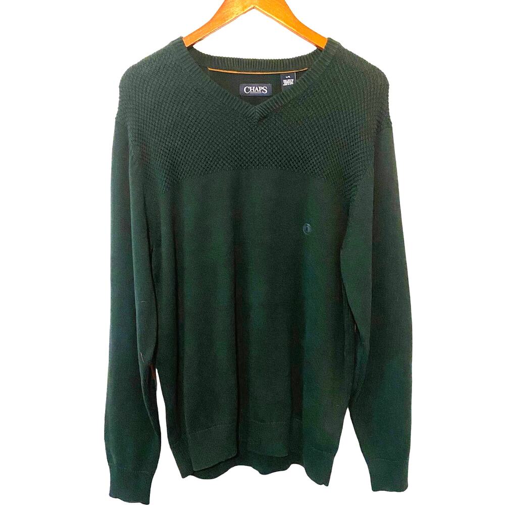 NWT Chaps Men's Green Pullover V-Neck Brown Faux Suede Elbow Sweater Size Large